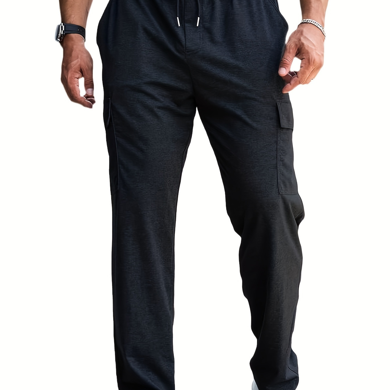 

Casual Solid Men's Regular Fit Drawstring Cargo Pants With Multiple Pockets, All Seasons Outdoor, Leisure And Work