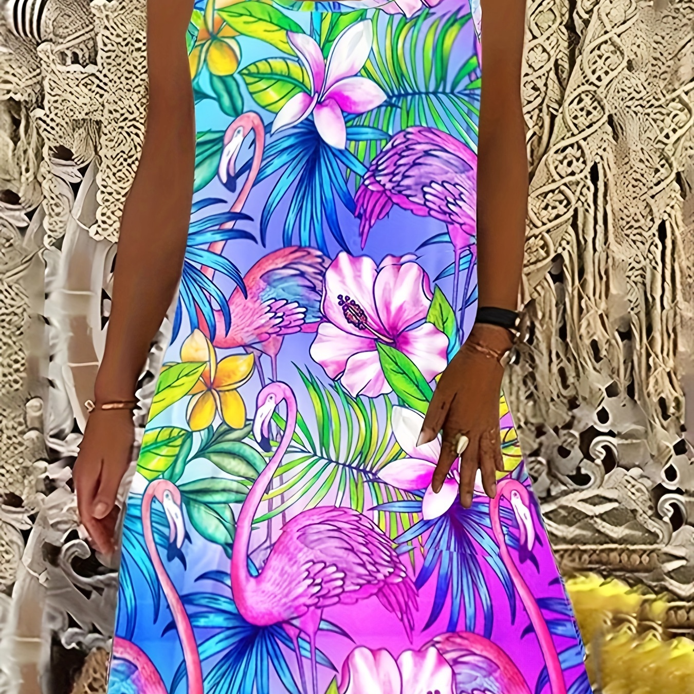

Plus Size Floral & Flamingo Print Tank Dress, Casual Sleeveless Dress For Spring & Summer, Women's Plus Size Clothing