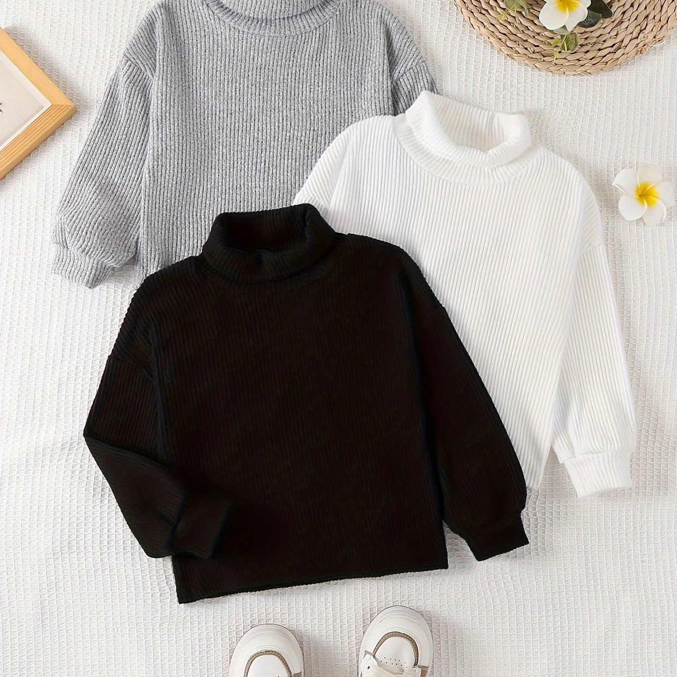 

3pcs/set Little Girls Basic Pullovers Turtleneck Casual Long Sleeve Rib Knitted Tops Spring And Autumn