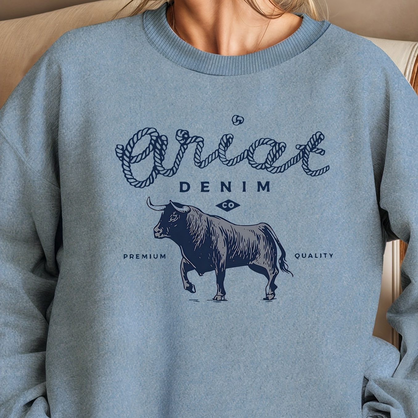 

Ox Print Sweatshirt, Crew Neck Casual Sweatshirt For Fall & Spring, Women's Clothing