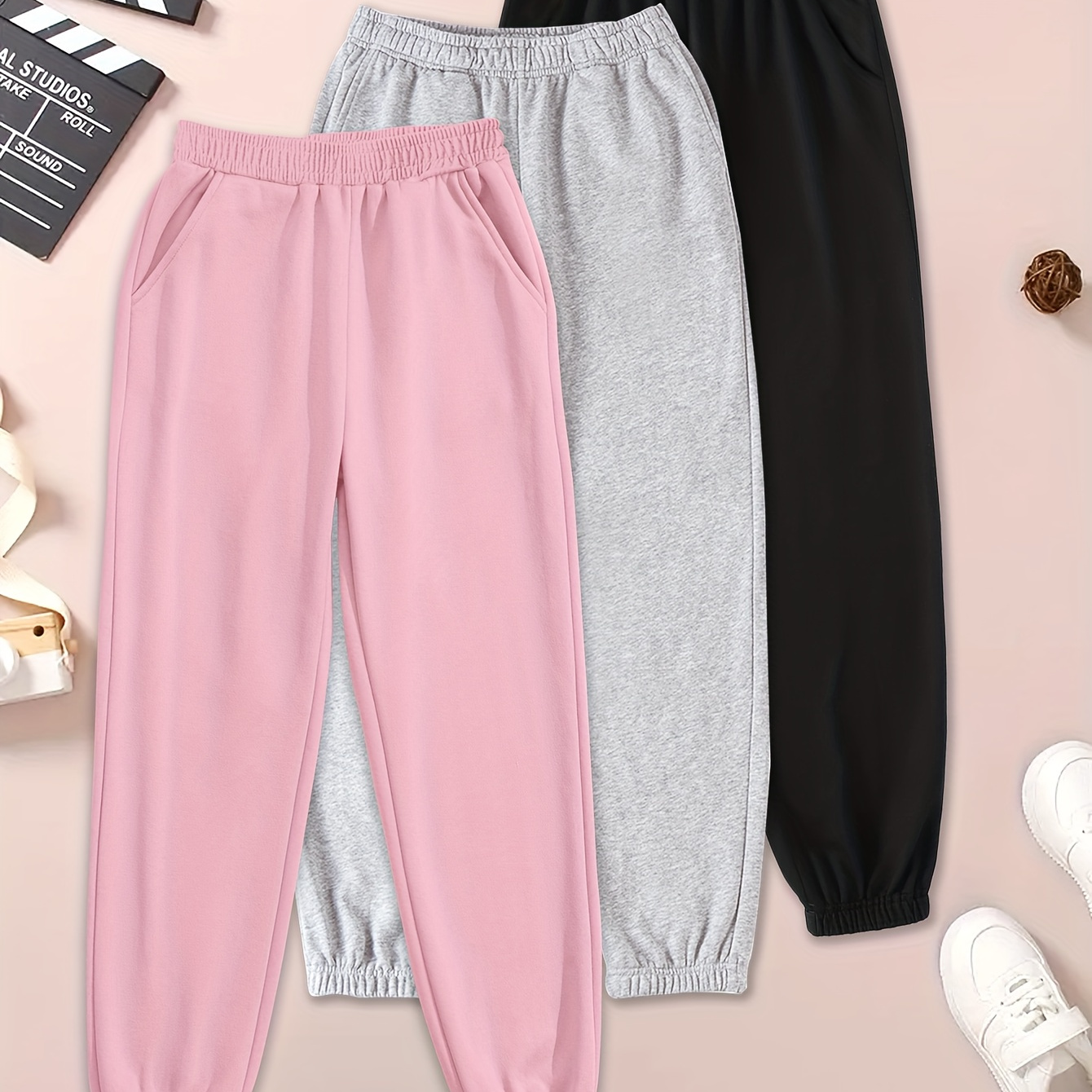 

3pcs Girls Basic Sweatpants Set Lightweight Comfy Casual Joggers Pants For Sports Running/ Outdoor