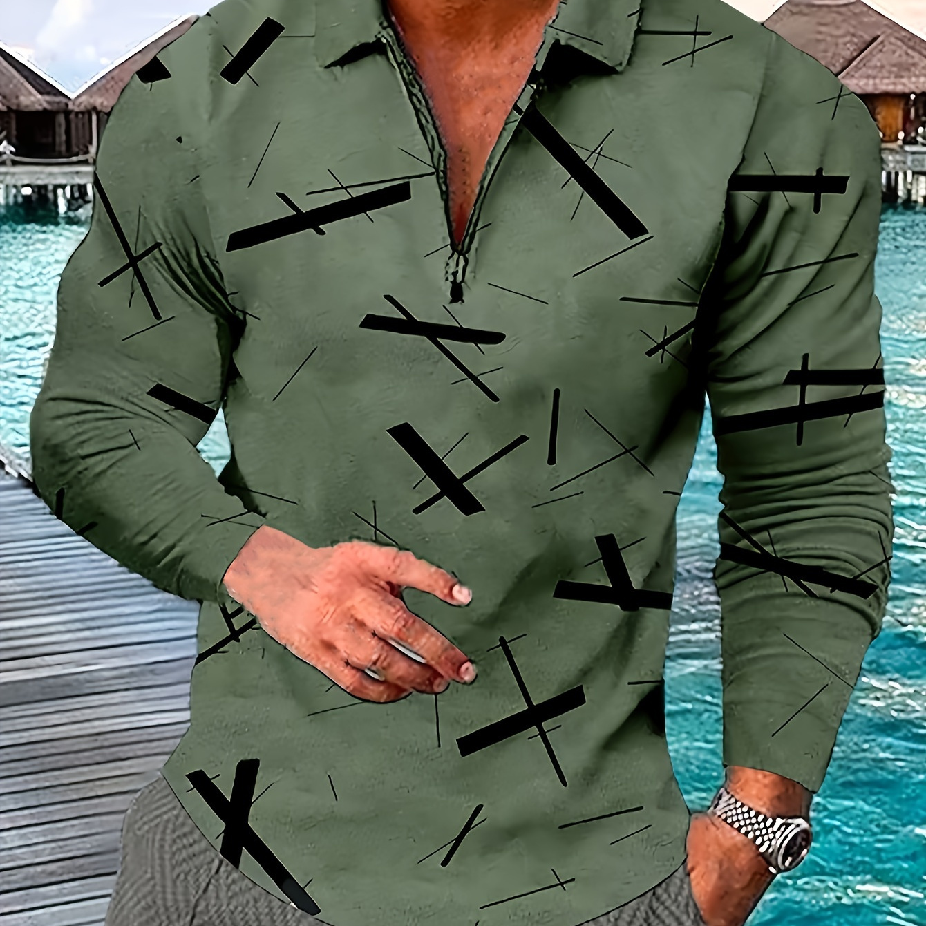 

Geometric Prints Are Popular For Casual Long-sleeved Zippered Men's Polo Shirts, Roll-neck Tops, Pullovers, And Men's Spring, Summer, Fall, And Winter Clothing