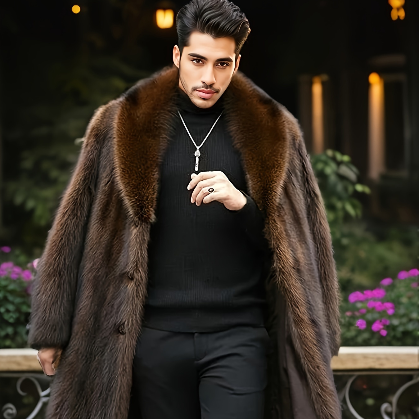 

Fashionable Design Men's Faux Fur Single Breasted Overcoat, Trendy And Elegant Warm Long Jacket For Autumn And Winter Outdoors Leisurewear