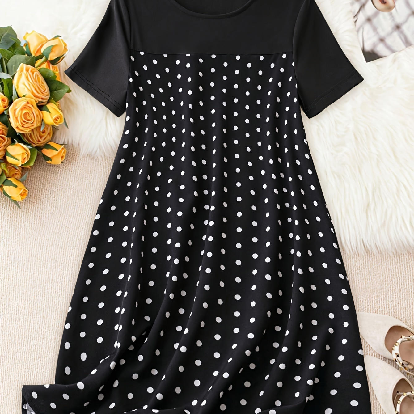 

Plus Size Polka Doe Print Patchwork Dress, Casual Short Sleeve Crew Neck Dress For Spring & Summer, Women's Plus Size Clothing