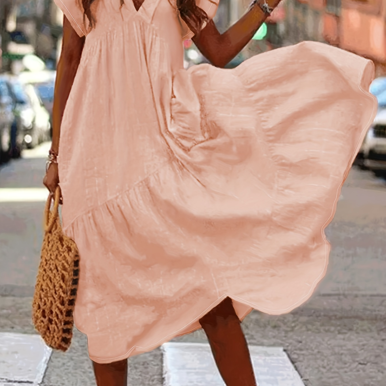 

Solid Color V Neck Dress, Vacation Style Loose Short Sleeve Dress For Spring & Summer, Women's Clothing