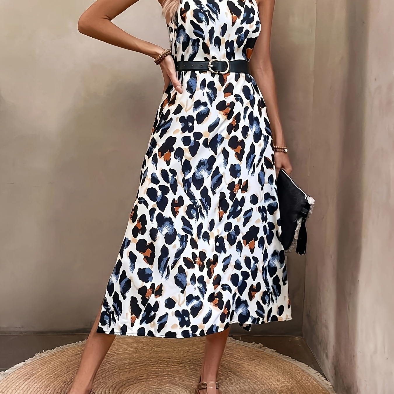 

Leopard Print Split Hem Cami Dress, Vacation Sleeveless Spaghetti Strap Dress For Spring & Summer, Women's Clothing