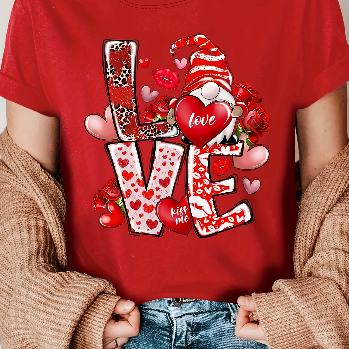 

Women's "love" Valentine's Day T-shirt - Casual Crew Neck, Short Sleeve Top With Heart & , Breathable Polyester, Machine Washable - , Valentines Day Gifts