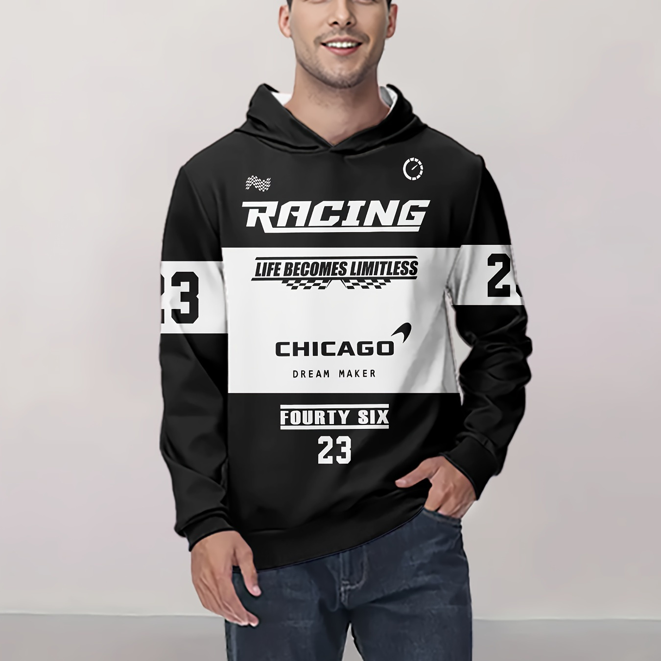 

Men's Cool Racing-inspired Hoodie - Casual Long Sleeve With Kangaroo Pocket, Polyester Blend, Machine Washable - Spring/fall