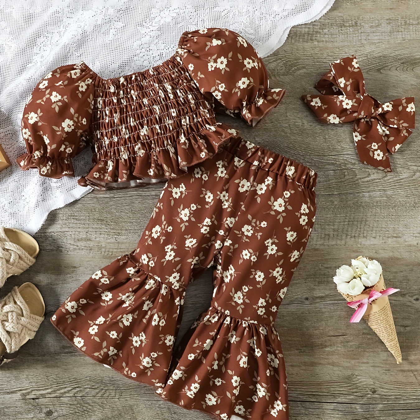 

Patpat 2pcs Baby Girl Summer Allover Floral Print Puff-sleeve Shirred Crop Top And Flared Pants & Headband Set
