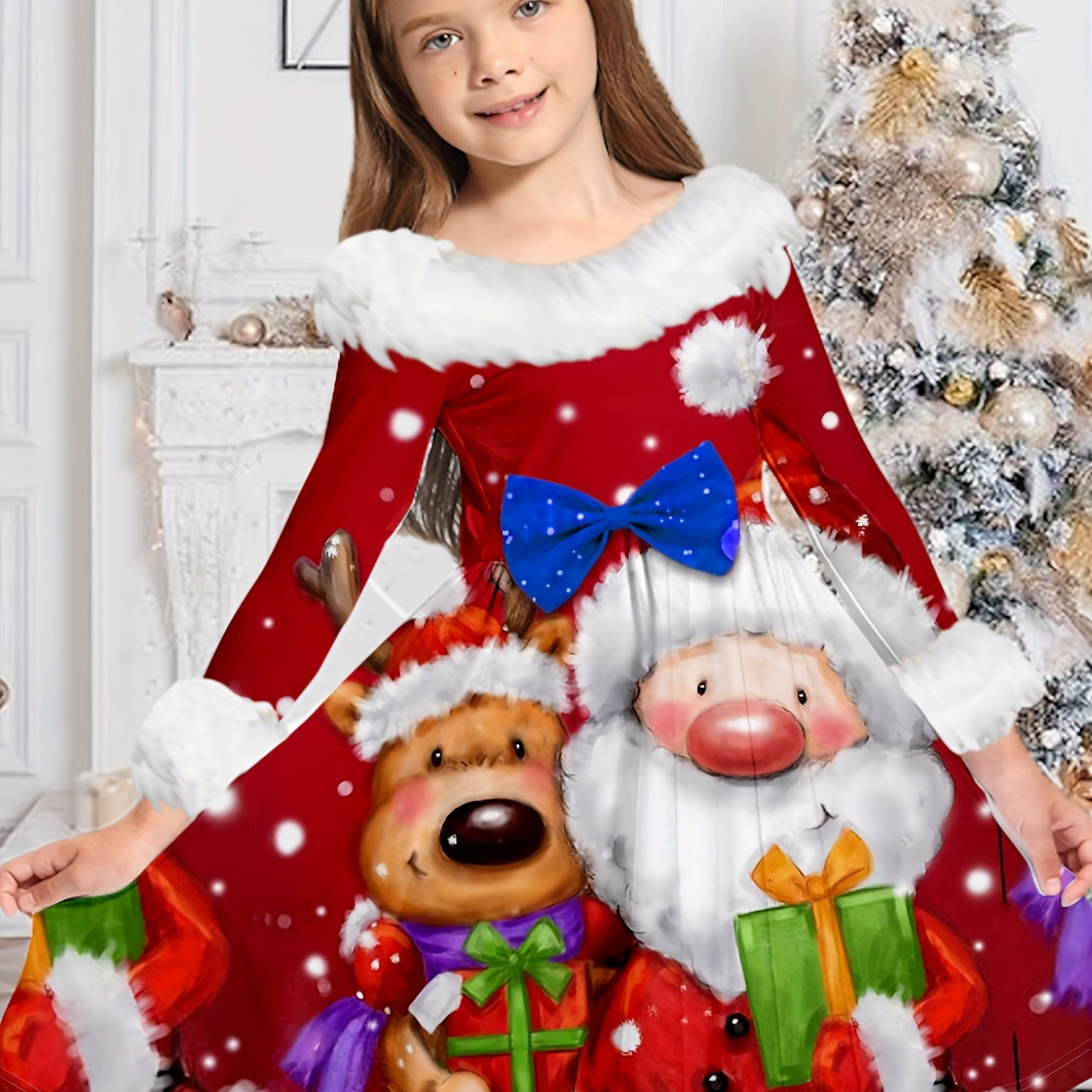 

Santa & Reindeer Graphic Long Sleeve Christmas Dress For Girls Spring Fall Gift
