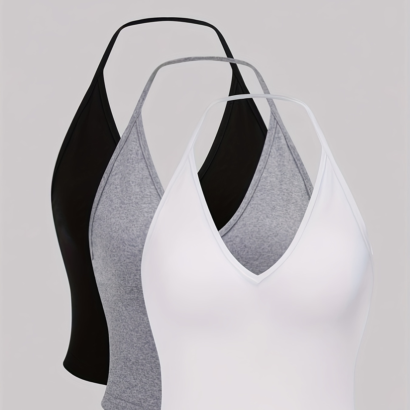 

Solid Color Halter Neck Top 3 Packs, Casual Backless V Neck Halter Top For Summer, Women's Clothing