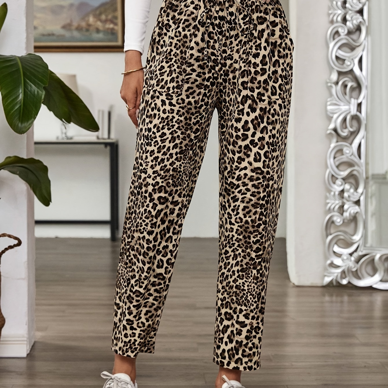 

Leopard Print Slant Pockets Pants, Casual Loose Pants For , Women's Clothing