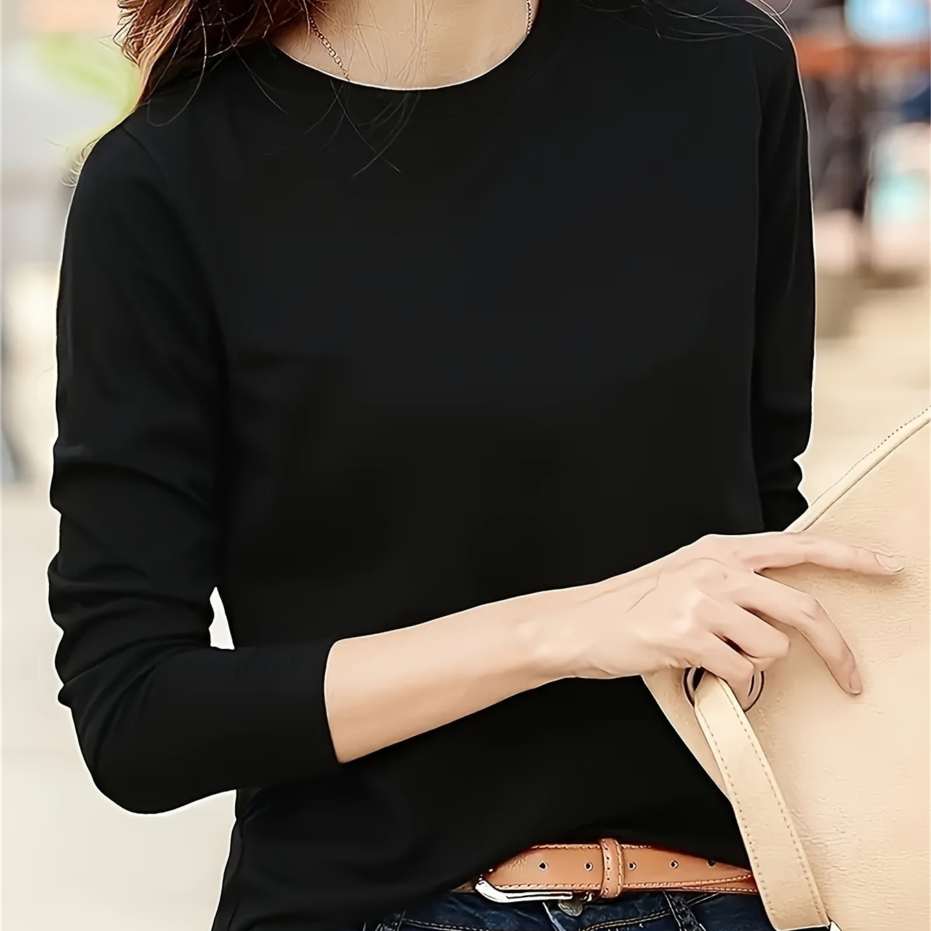 

Women's Casual Crew Neck Long Sleeve T-shirt, Solid Color Knit Polyester (93% Polyester, 7% Elastane), 210g/m² Fabric Weight, Fall/winter