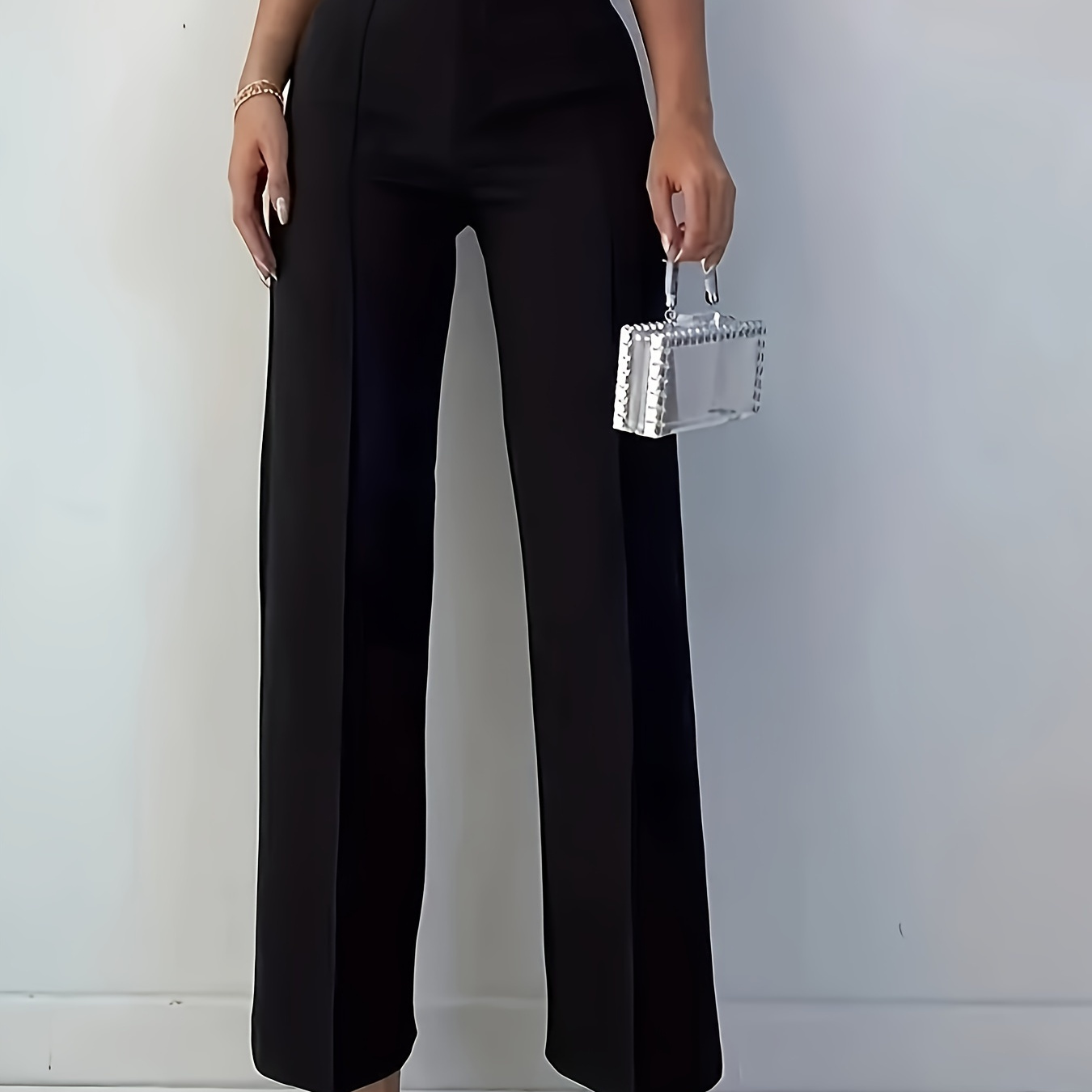 

Elegant Women's -leg Pants - High-waisted, Sleek Polyester, Machine Washable - Professional & Social Events