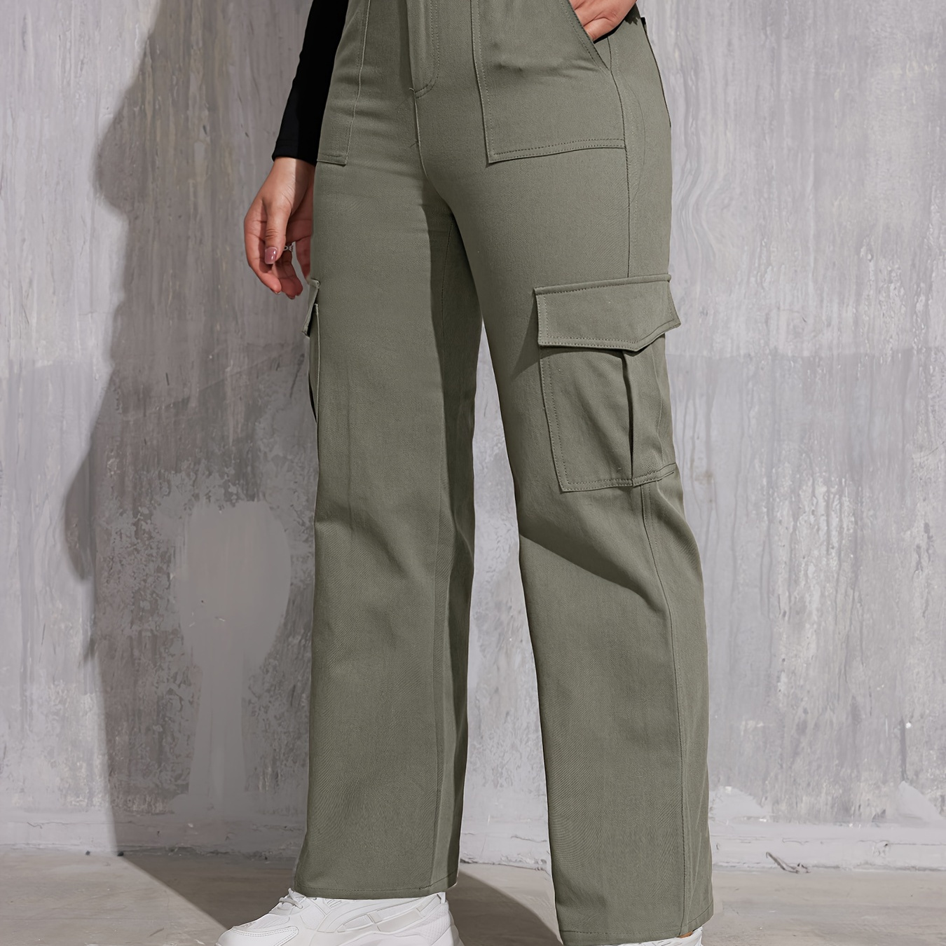 

Solid Straight Leg Cargo Pants, Casual Cotton Pants With Pocket, Women's Clothing