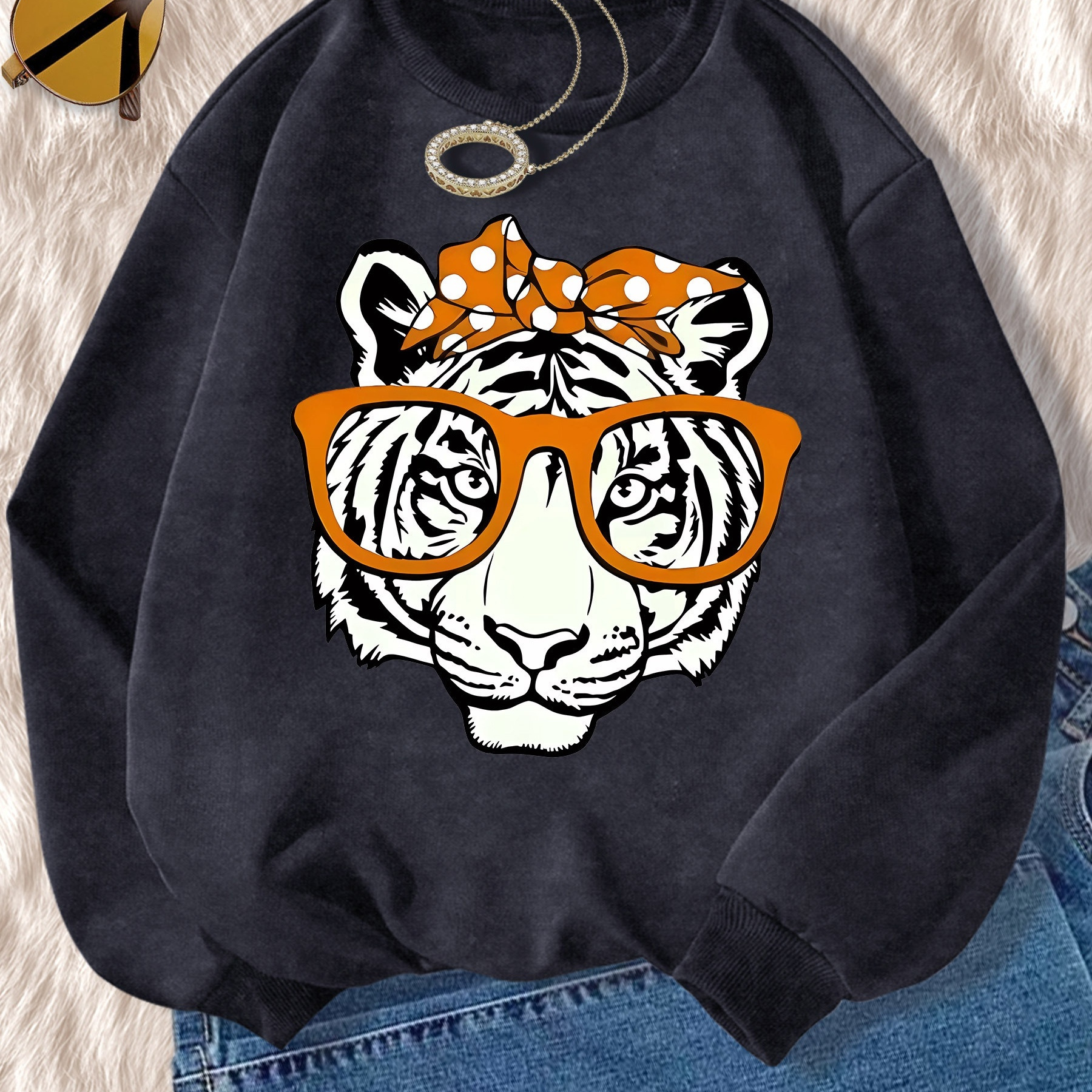 

Women's Casual And Fashionable Sports Sweatshirt, Suitable For Autumn And Winter, Comfortable And Soft, Tiger And Bow Pattern