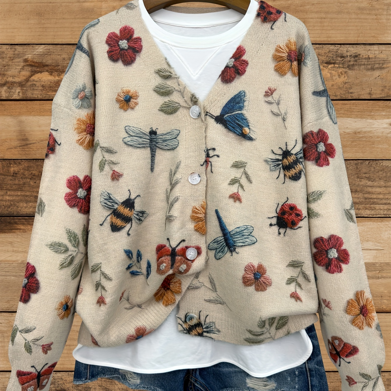 

[all-] [sweater] [woven-effect Print] Plus Size All- Woven-effect Print Insects And Plants Pattern Knit, Casual V-neck Long Sleeve Sweater Cardigan, Women's Clothing