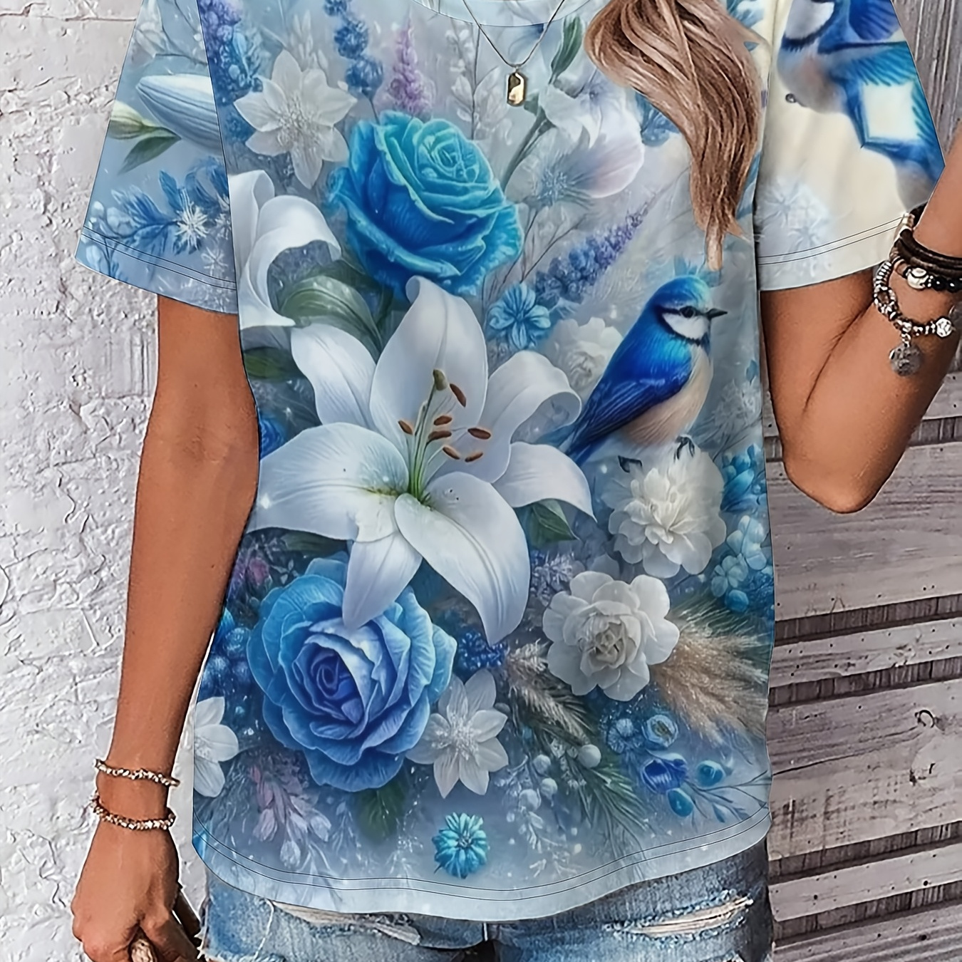 

Women's Floral 3d Print T-shirt, Casual Crew Neck Short Sleeve Top, Polyester Knit Fabric With Medium Stretch, Breathable Fashion Tee For Spring/summer/fall - Regular Fit Pullovers