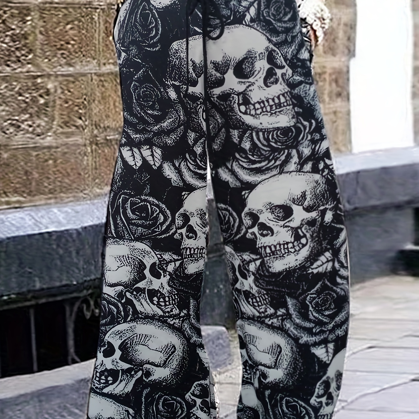 Plus Size Halloween Goth Pants Women's Plus Floral Skull - Temu Bahrain