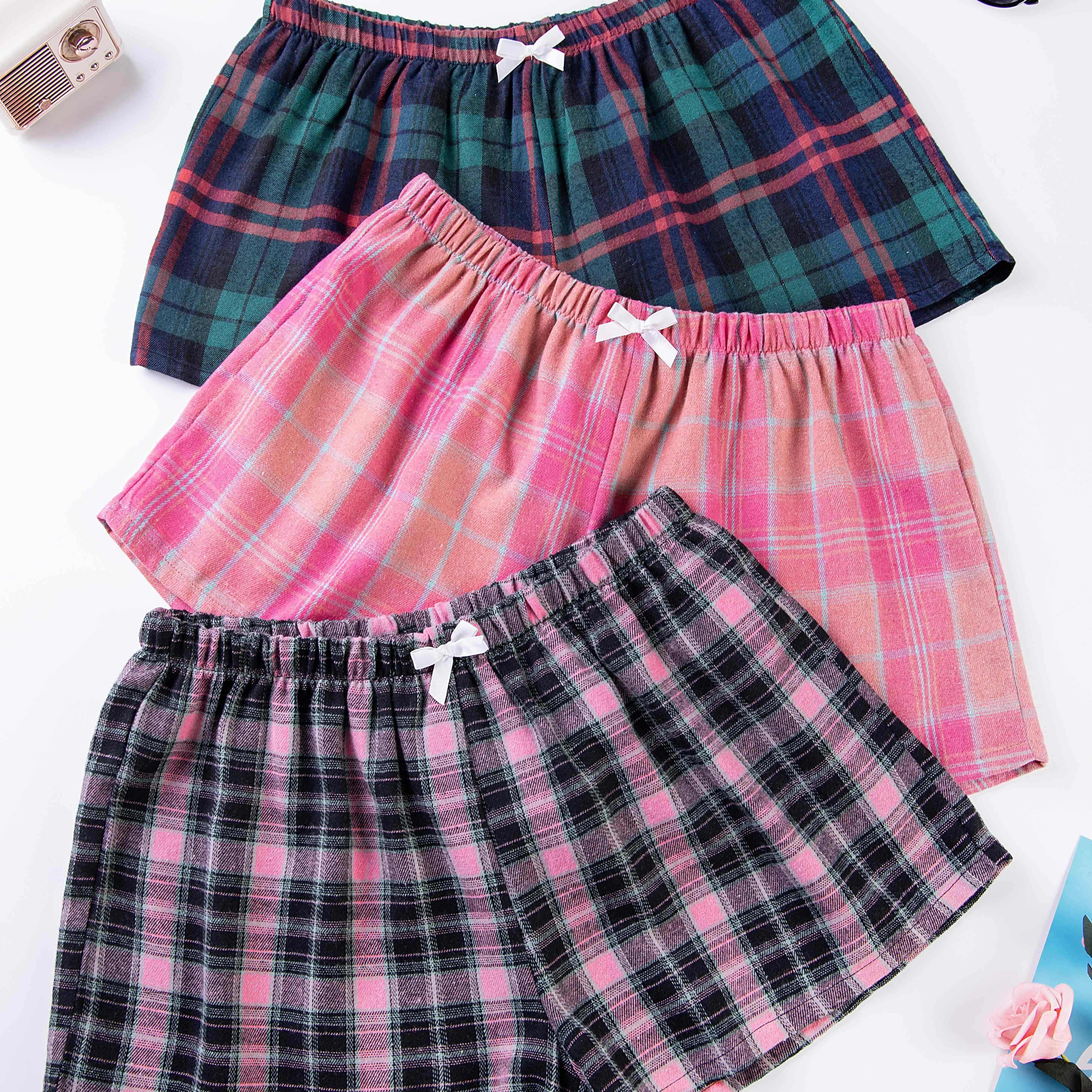 

Plaid Print Shorts 3 Pack, Versatile Bow Decor Elastic Waist Shorts For Summer, Women's Clothing