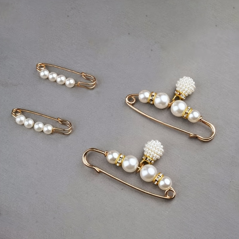 4pcs Faux Pearl Brooch Pins Sweater Shawl Jeans Clips Rhinestones Collar  Safety Pin For Women Girls Clothing Dresses Decoration Accessories