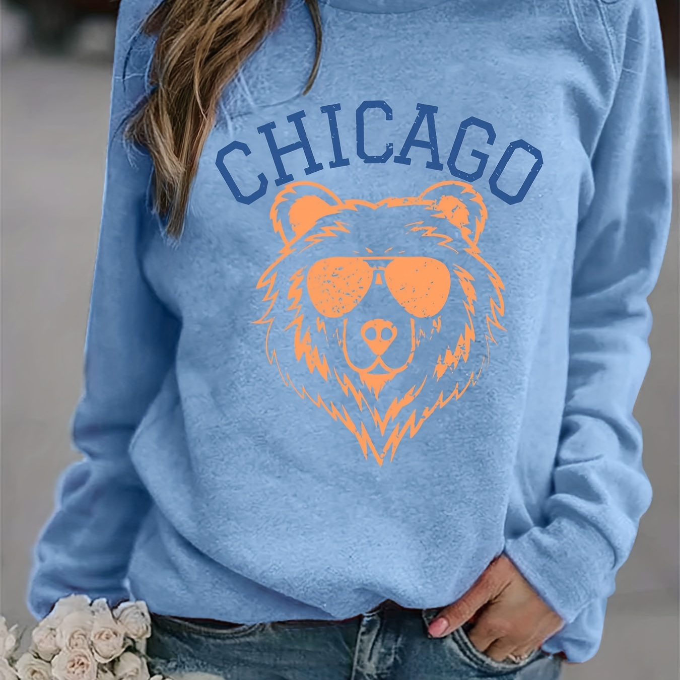 Chicago Bear Print Sweatshirt, Casual Long Sleeve Crew Neck Sweatshirt,  Women's Clothing - Temu