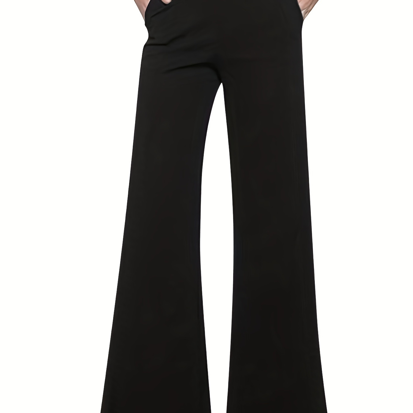 

Plus Size Elegant Pants, Women's Plus Solid Medium Stretch Flared Leg Trousers With Pockets