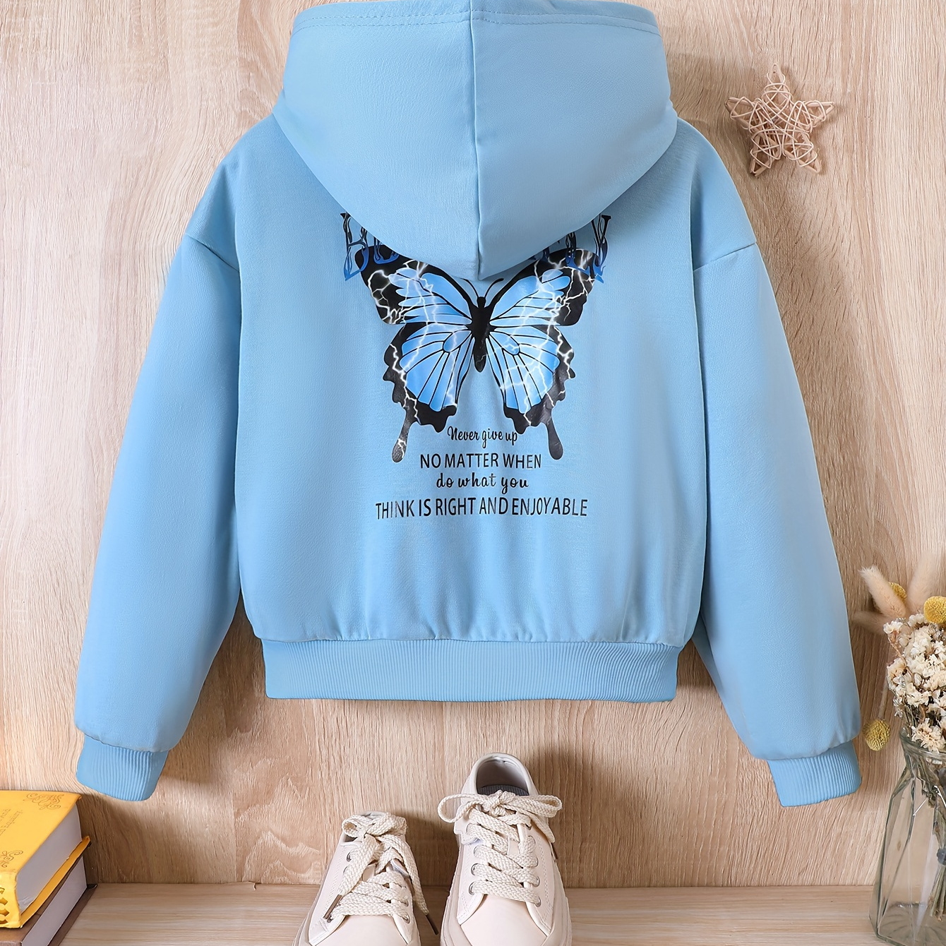 Blue Butterfly Back Print Girls Casual Graphic Hoodie Temu