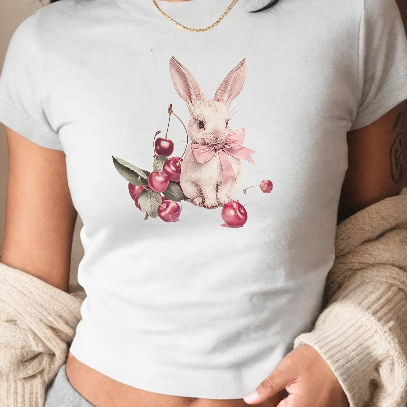 

Y2k Bunny Print T-shirt, Short Sleeve Crew Neck Casual Top For Summer & Spring, Women's Clothing