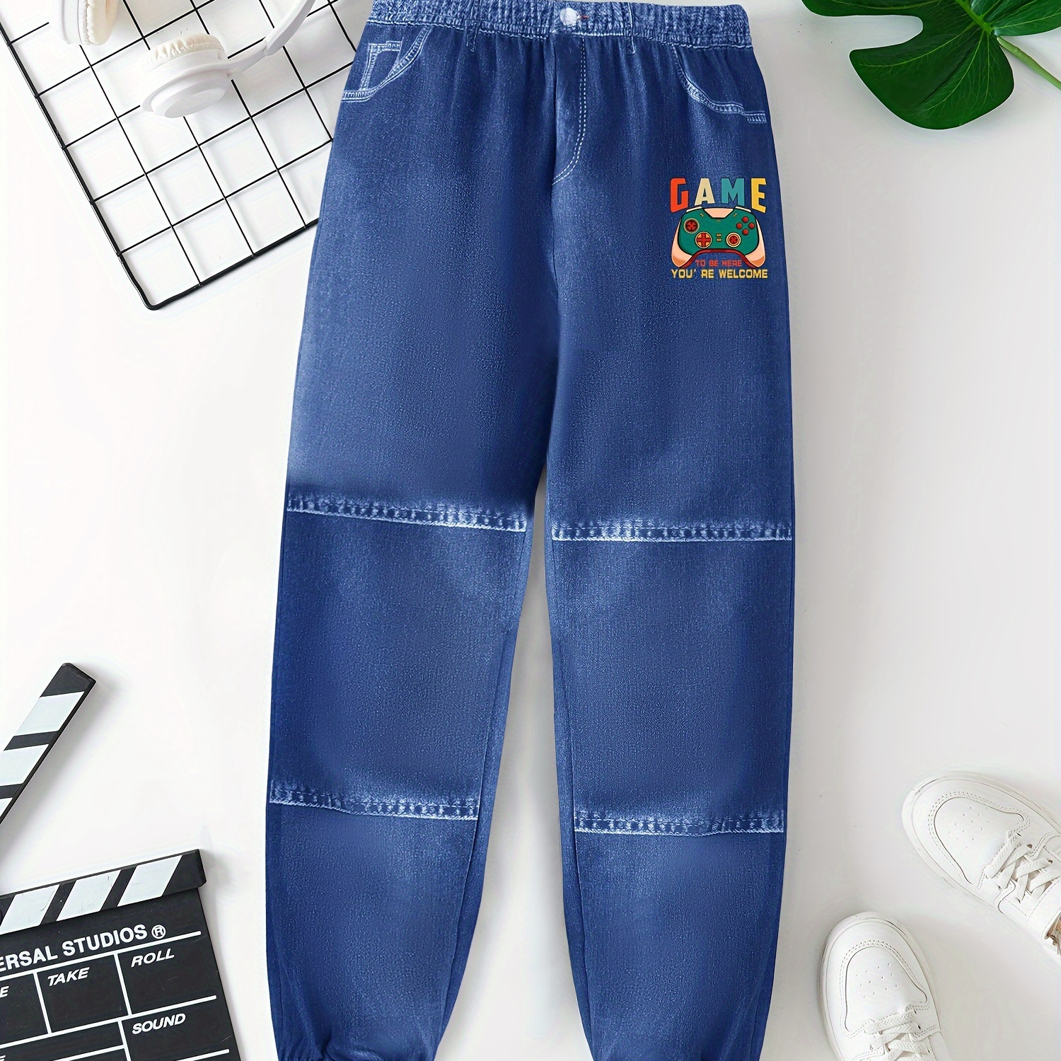 

Boy's Gamepad & Football & Lemon Pattern Faux Denim Pants, Comfy Casual Imitation Denim Printed Versatile Trousers For Summer
