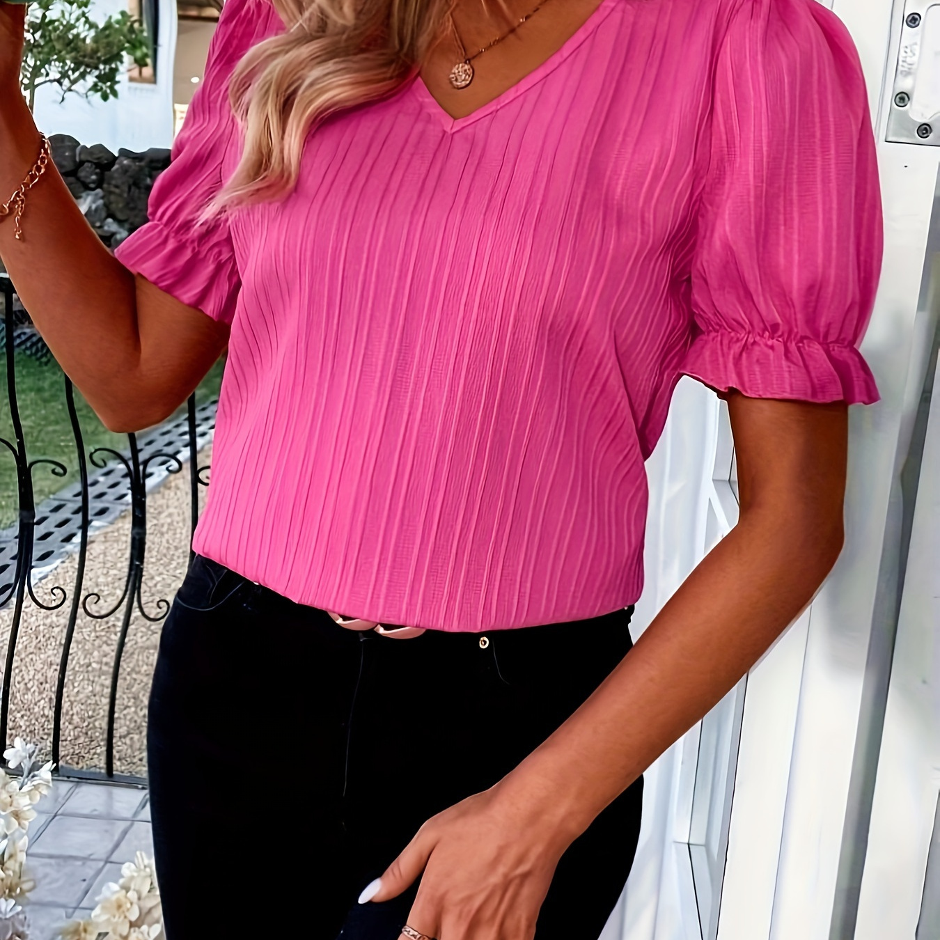 

Solid Textured V Neck Blouse, Elegant Ruffle Trim Short Sleeve Blouse For Spring & Summer, Women's Clothing Wedding Holiday Vacation