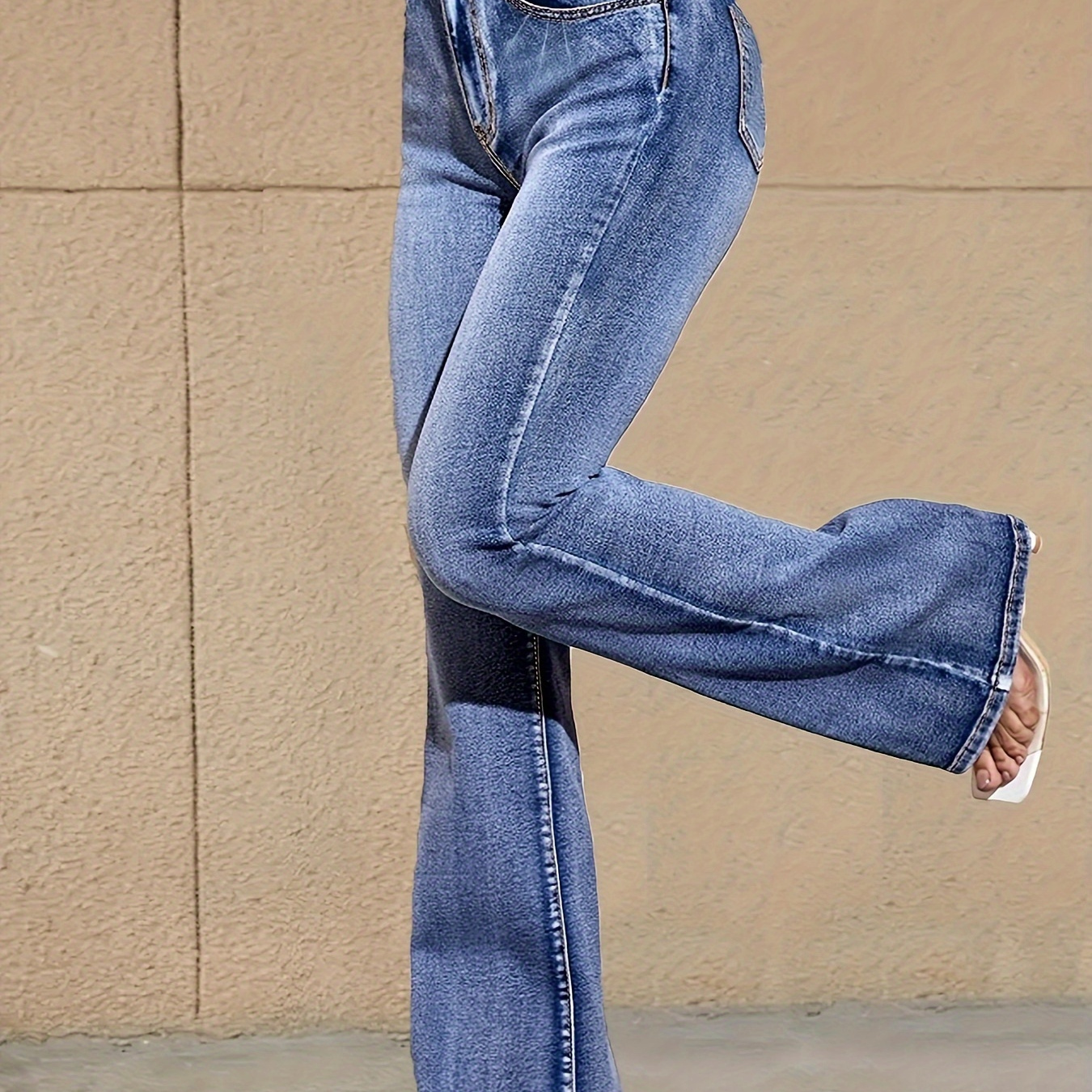 

Women's Casual Plain Washed Blue High-waist Flare Jeans, Stretchy Slim Fit Bell Bottom Denim Pants