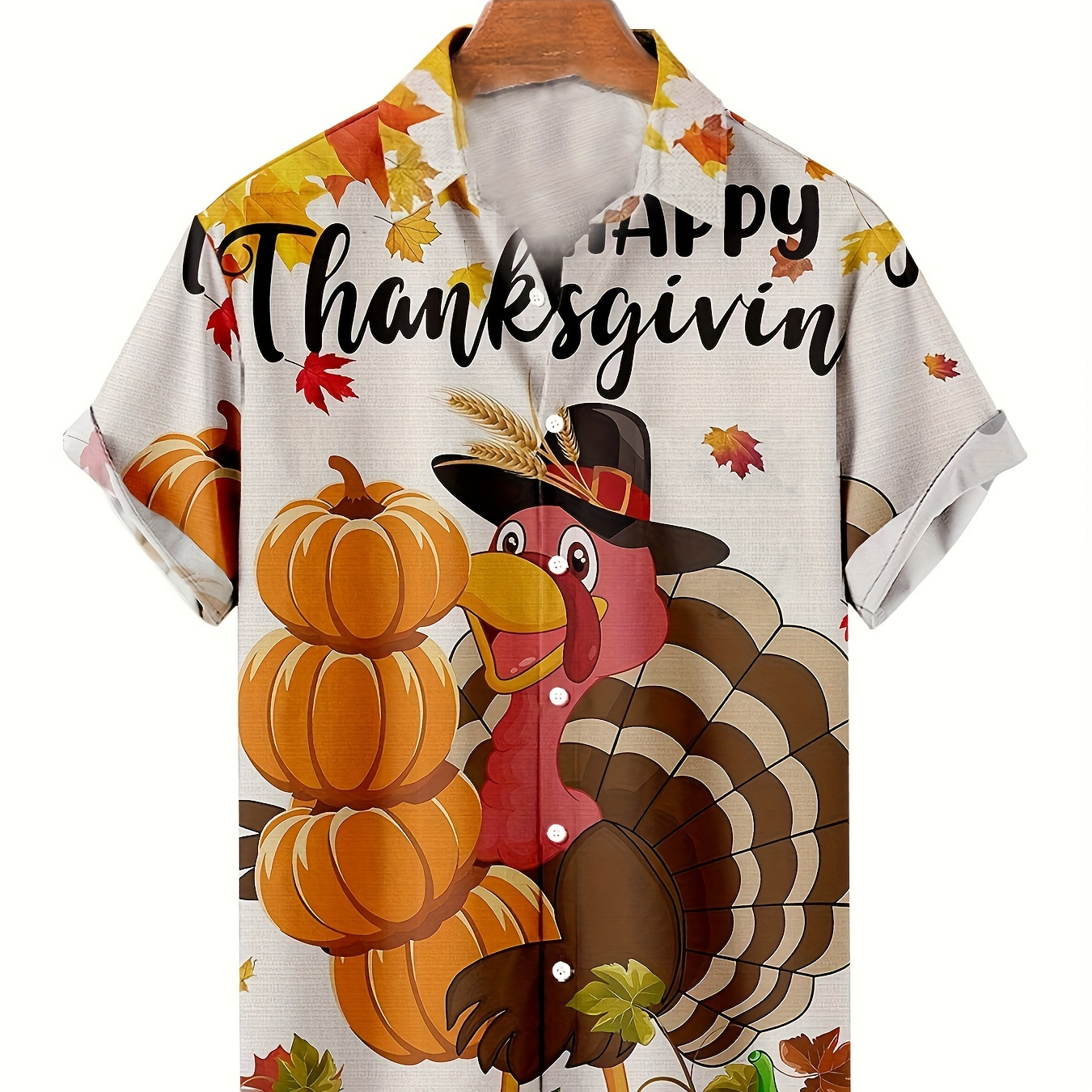 

Men's 'happy Thanks Giving' Print Short Sleeve Lapel Shirt For Summer, Casual Comfy Shirts As Gift