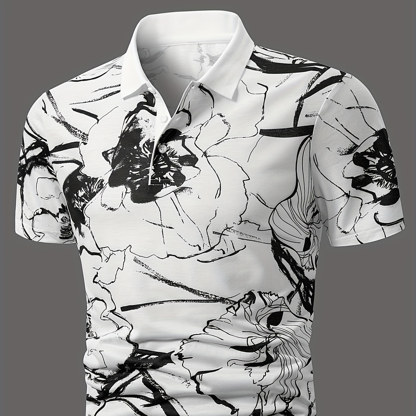 

Ink Painting Print Men's Casual Slightly Stretch Button Up Short Sleeve Shirt, Men's Shirt For Summer