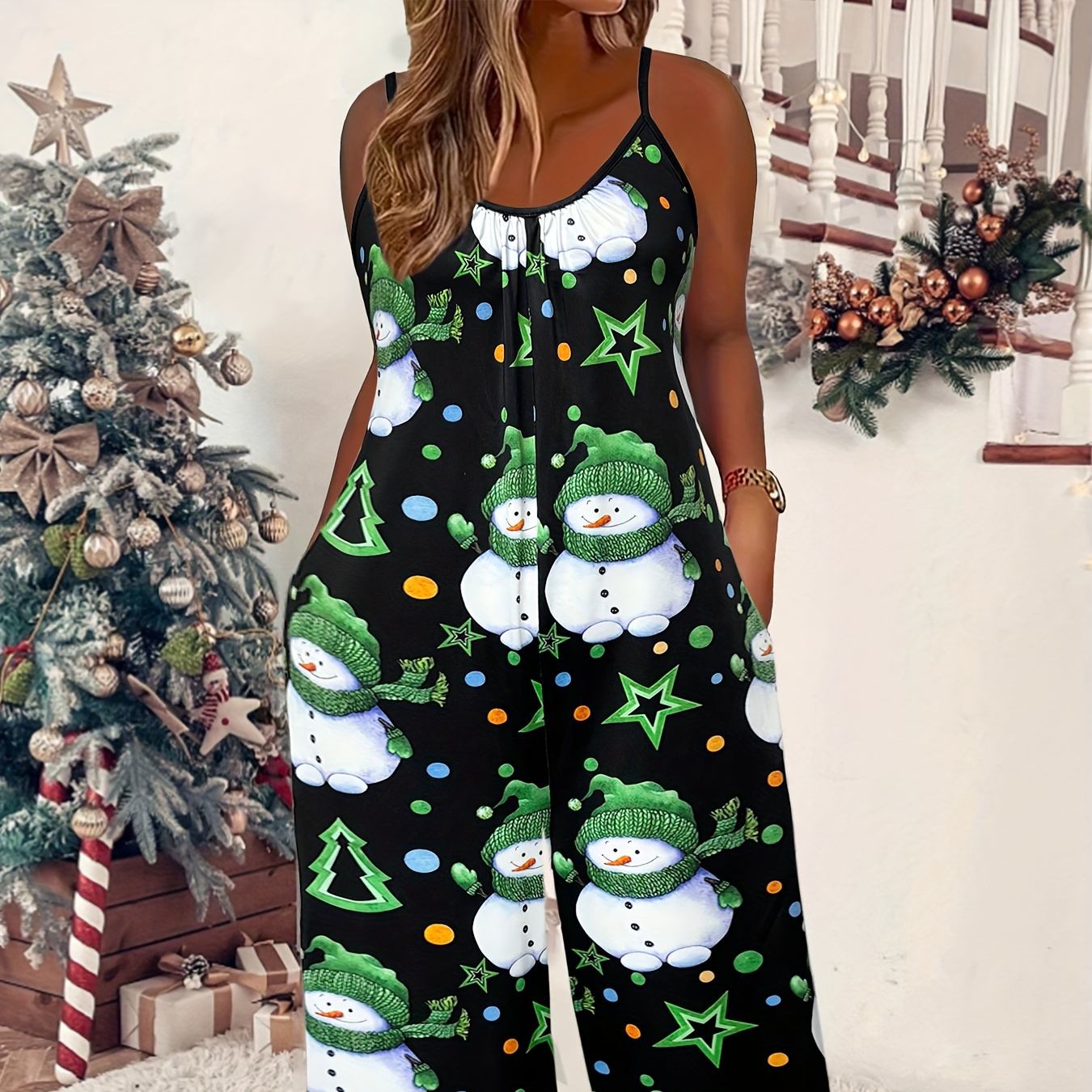 

Women's Christmas Print Jumpsuit With Pockets - Casual Wide-leg Overalls, Stretchy Polyester , Machine Washable