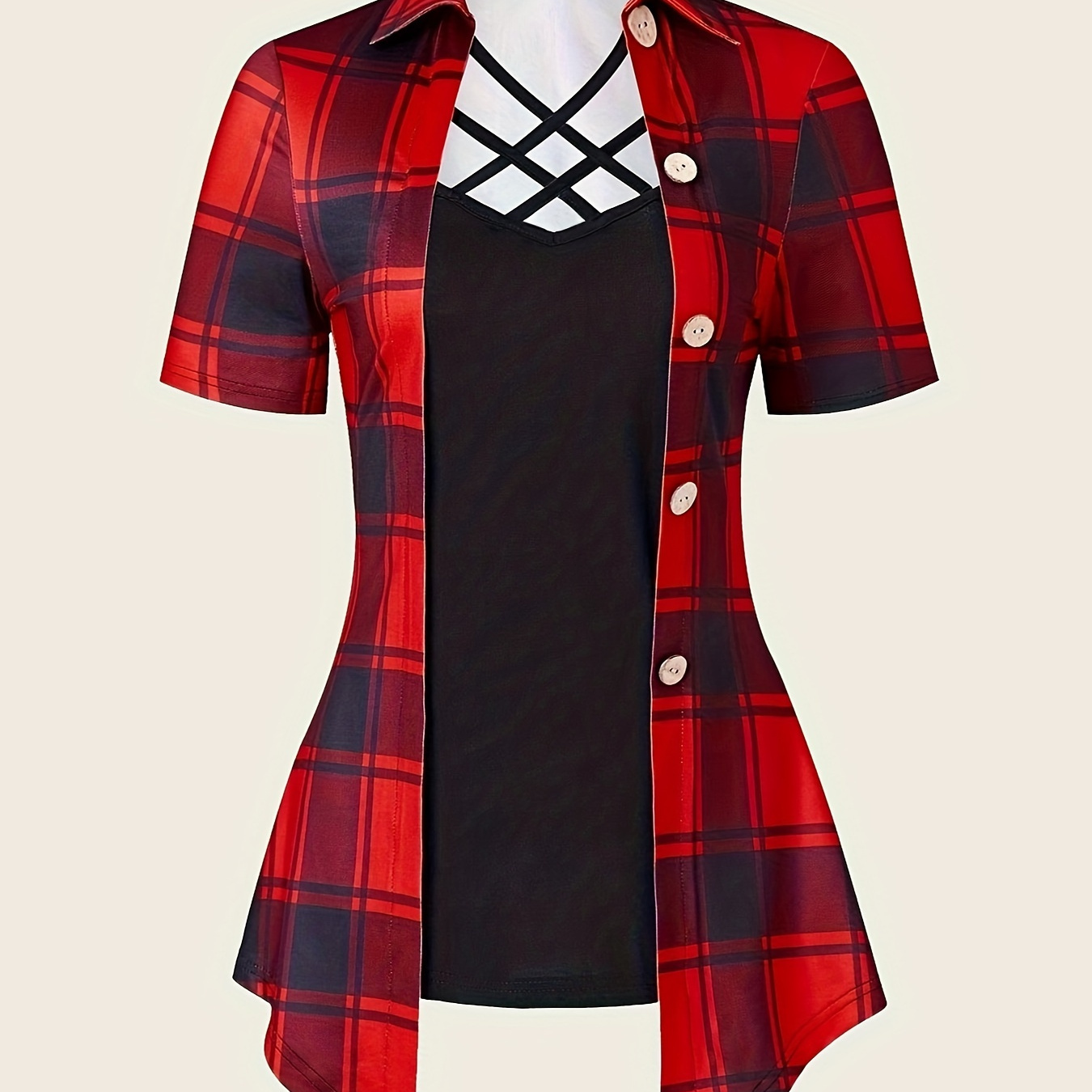 

Plaid Print Mixed Media Blouse, Casual Short Sleeve Crisscross Neck Asymmetric Hem Top For Spring & Summer, Women's Clothing