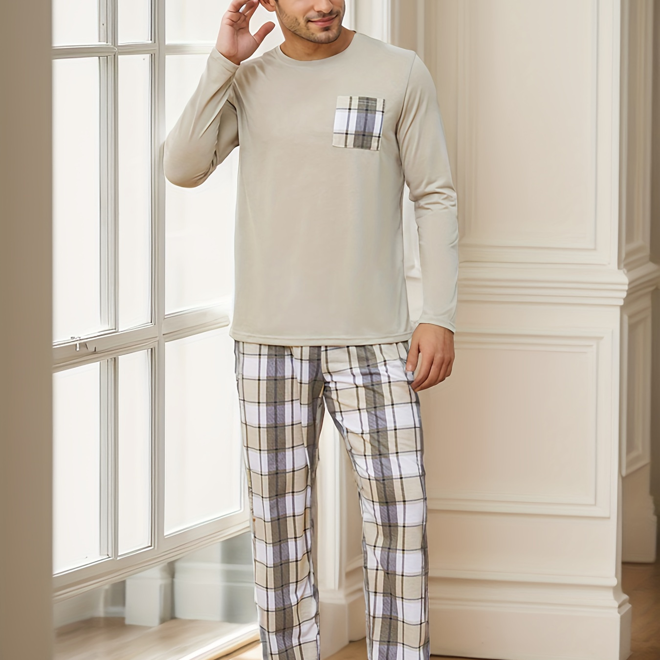 

2 Pcs Ensemble de pyjama pour homme à carreaux avec poche, col rond, manches longues et pantalon à carreaux, style confortable et pour , vêtements de détente confortables pour homme