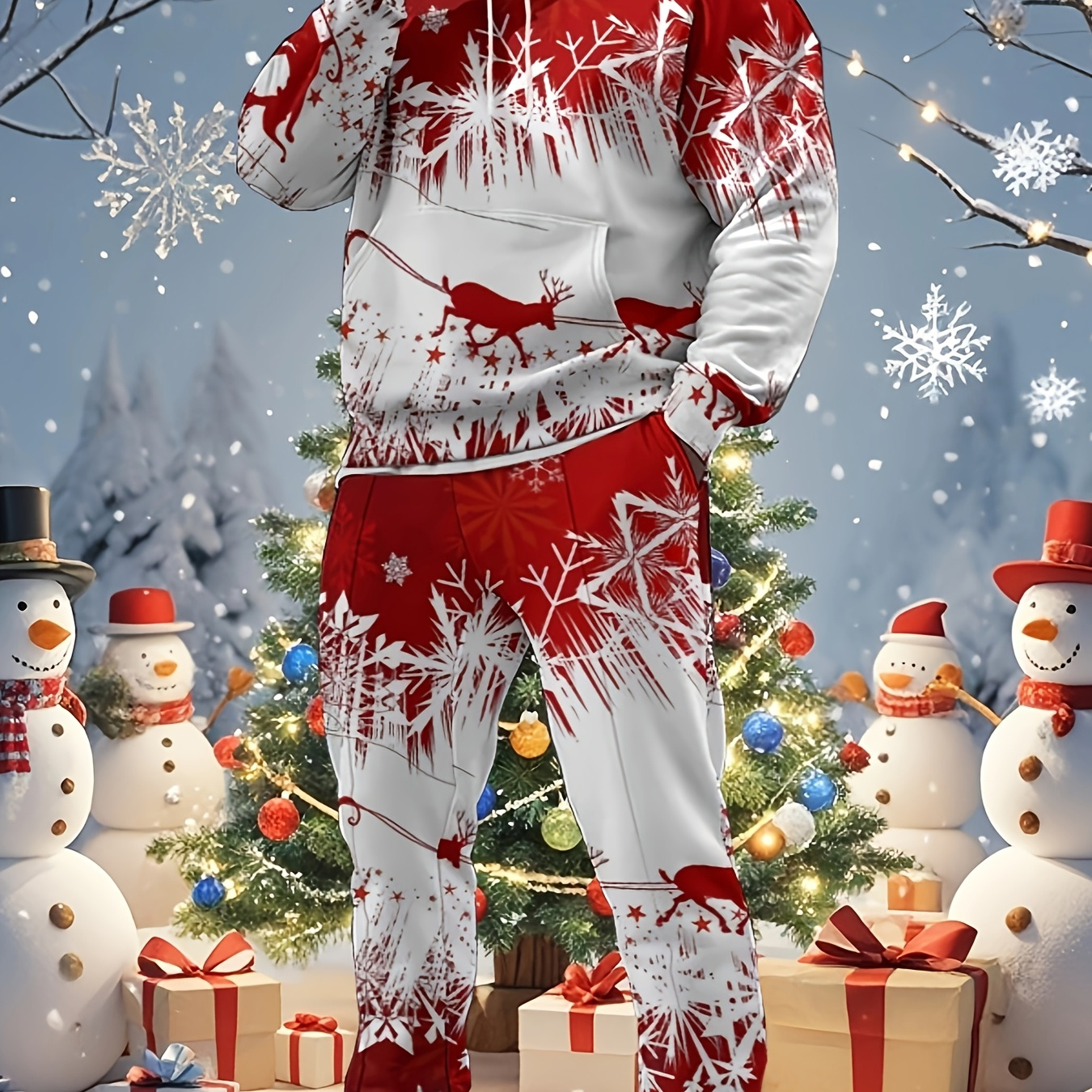 

New Featuring A Christmas Reindeer And Print Men's Casual Sweatshirt And Pants Set, Stylish Regular Fit Two-piece Outfit Suitable For Holidays And .