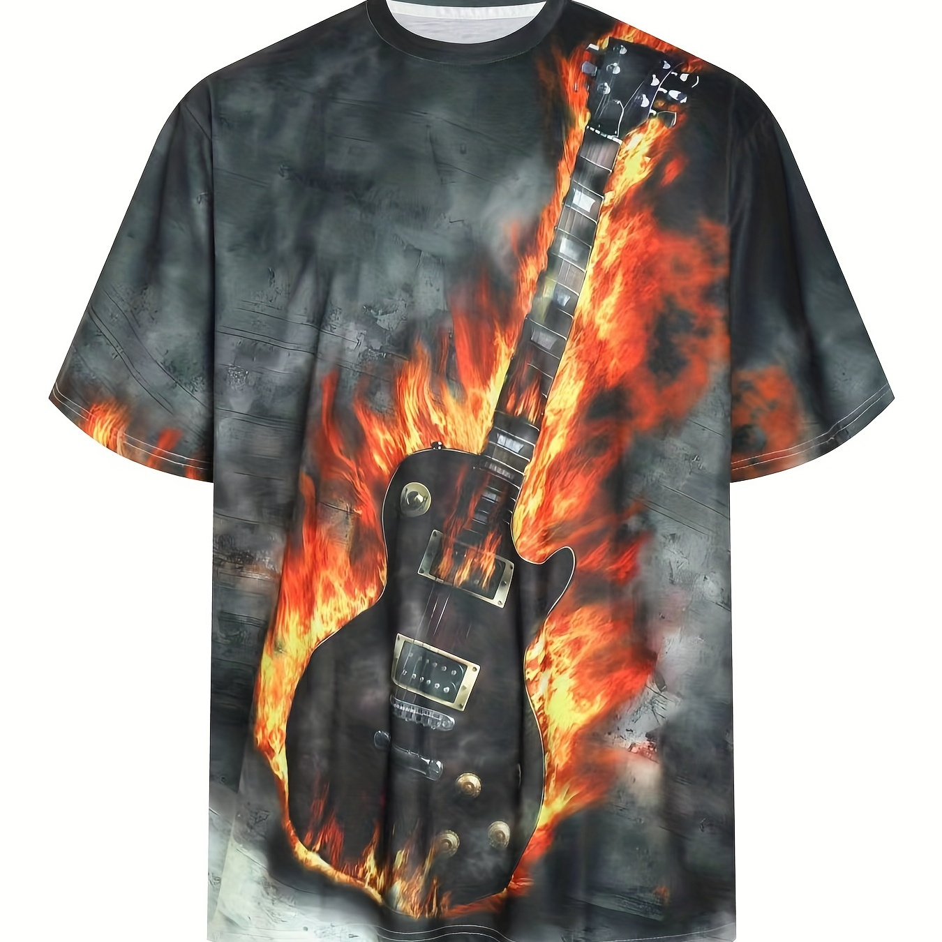 

Plus Size Men's Street Style Graphic Short-sleeve Crew Neck T-shirt, Fashion Oversized Fire Guitar Print Tee, Suit For Big & Tall Guys