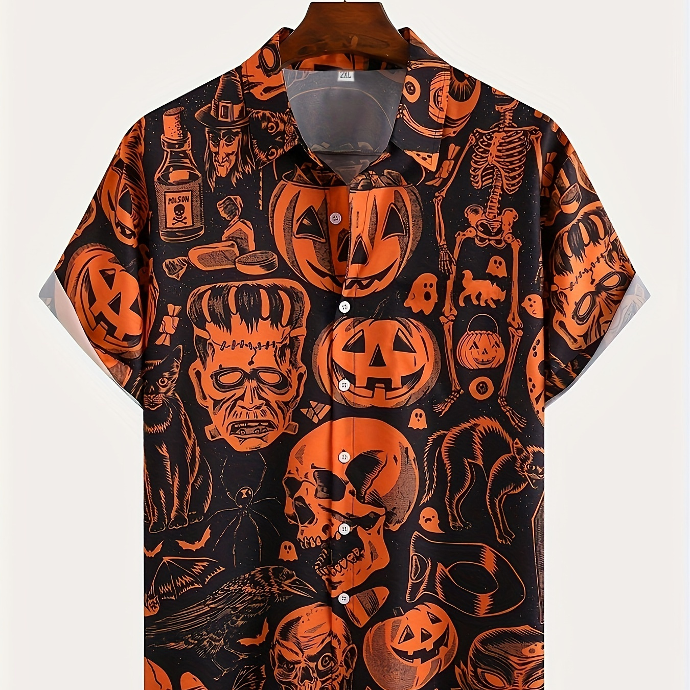 

Halloween Shirt For Men: Plus Size Pumpkin Skulls Print Lapel Shirt For Party, Oversized Fashion Short-sleeve Shirt For Males