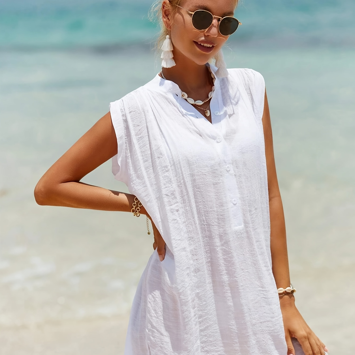 

Chic Women's Sleeveless Beach Cover-up Dress With Front Button Detail - V-neck, Semi-sheer, Spring/summer