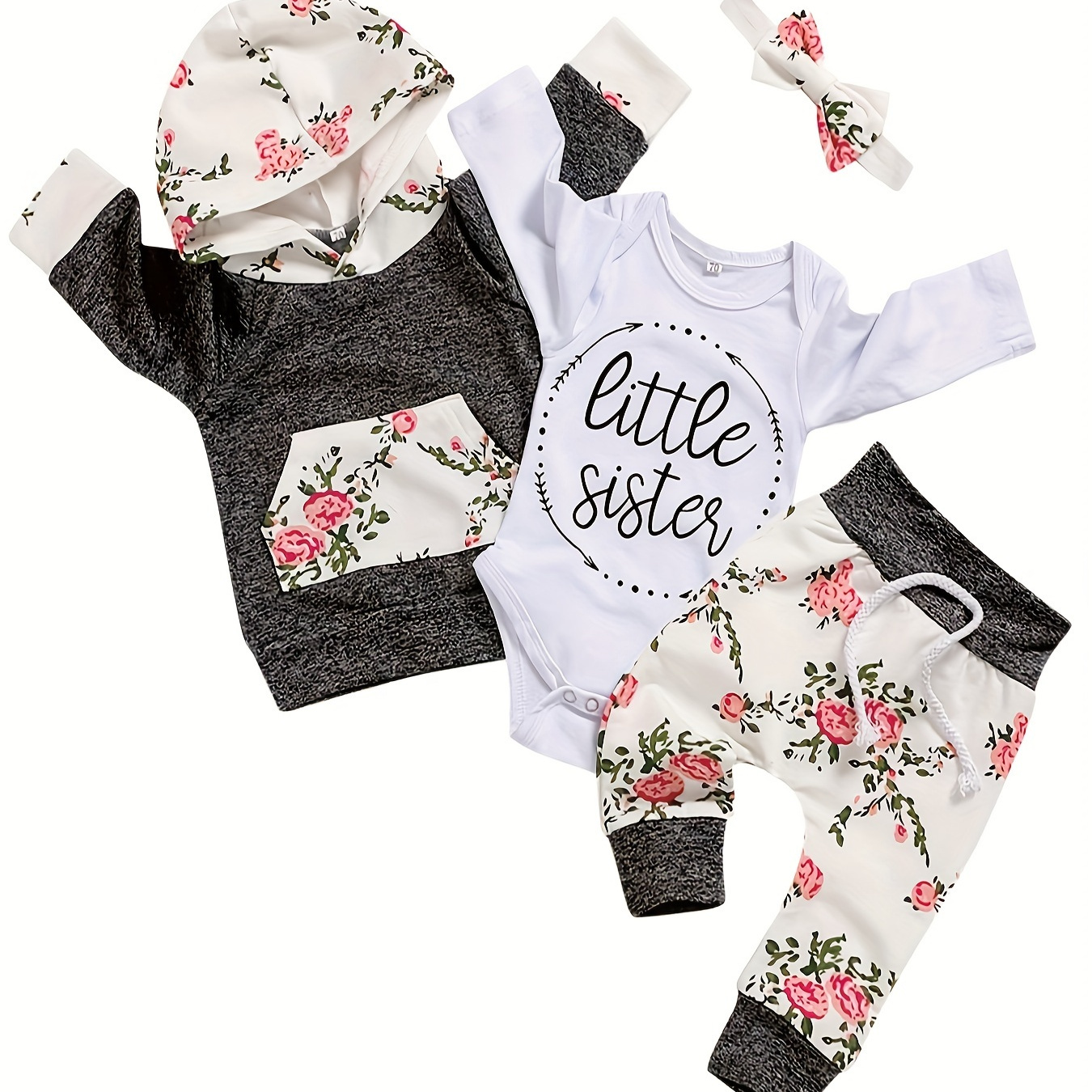 

Newborn Baby Girl Fall/winter Long Sleeve Hooded Sweatshirt & Little Sister Bodysuit & Floral Pants With Headband 4pcs Outfit Set