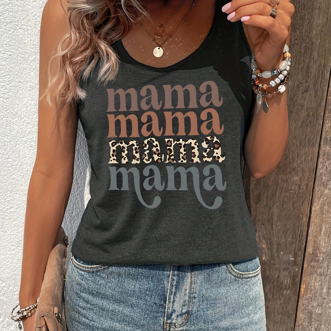 

Mama Print Crew Neck Tank Top, Casual Sleeveless Top For Spring & Summer, Women's Clothing