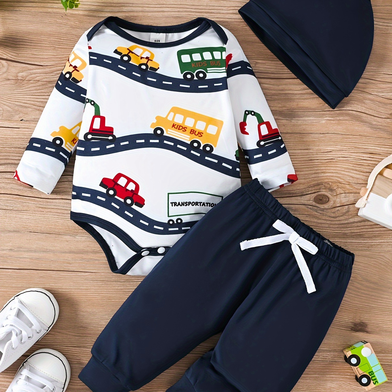 

2pcs Baby's "transportation" Print Onesie Set, Bodysuit & Pants, Baby Boy's Clothing, As Gift