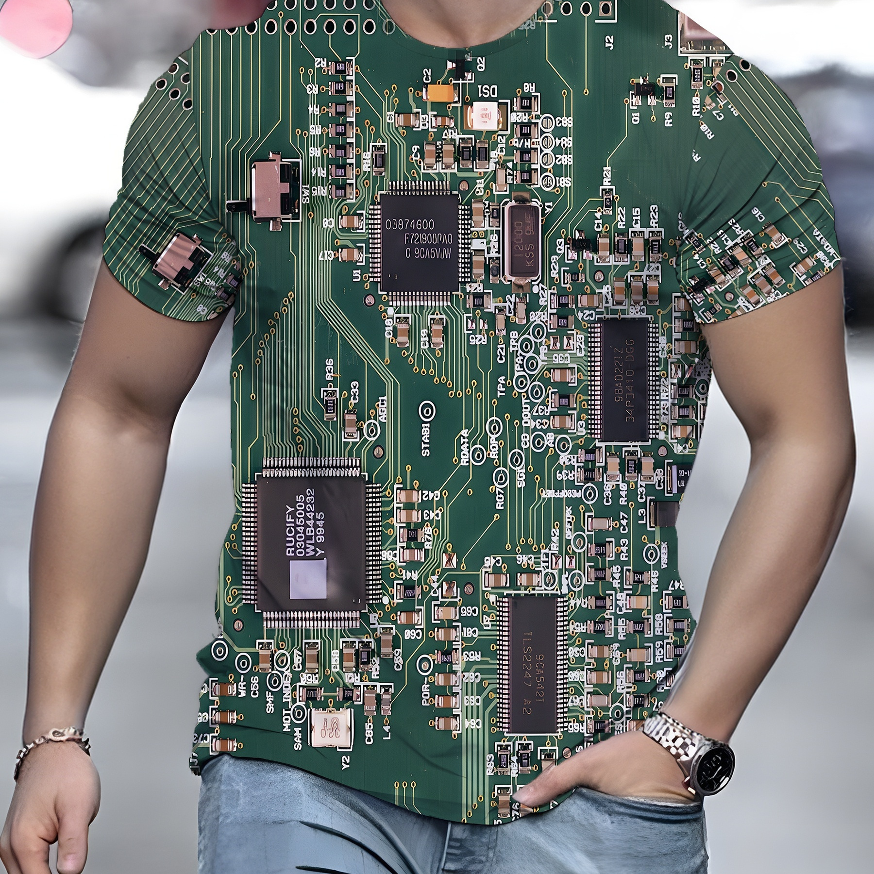 

Men's Circuit Print T-shirt, Casual Short Sleeve Crew Neck Tee, Men's Clothing For Outdoor