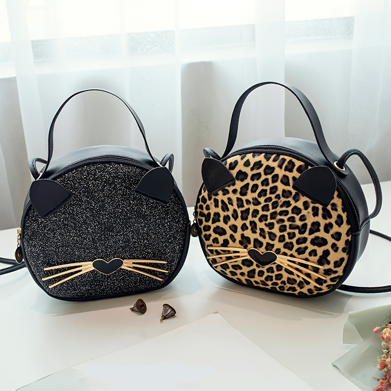 Girls Casual Cute Cartoon Sequin Leopard Print Cat Messenger Bag Crossbody Bag Coin Purse Wallet Decorative Accessories, Ideal choice for Gifts