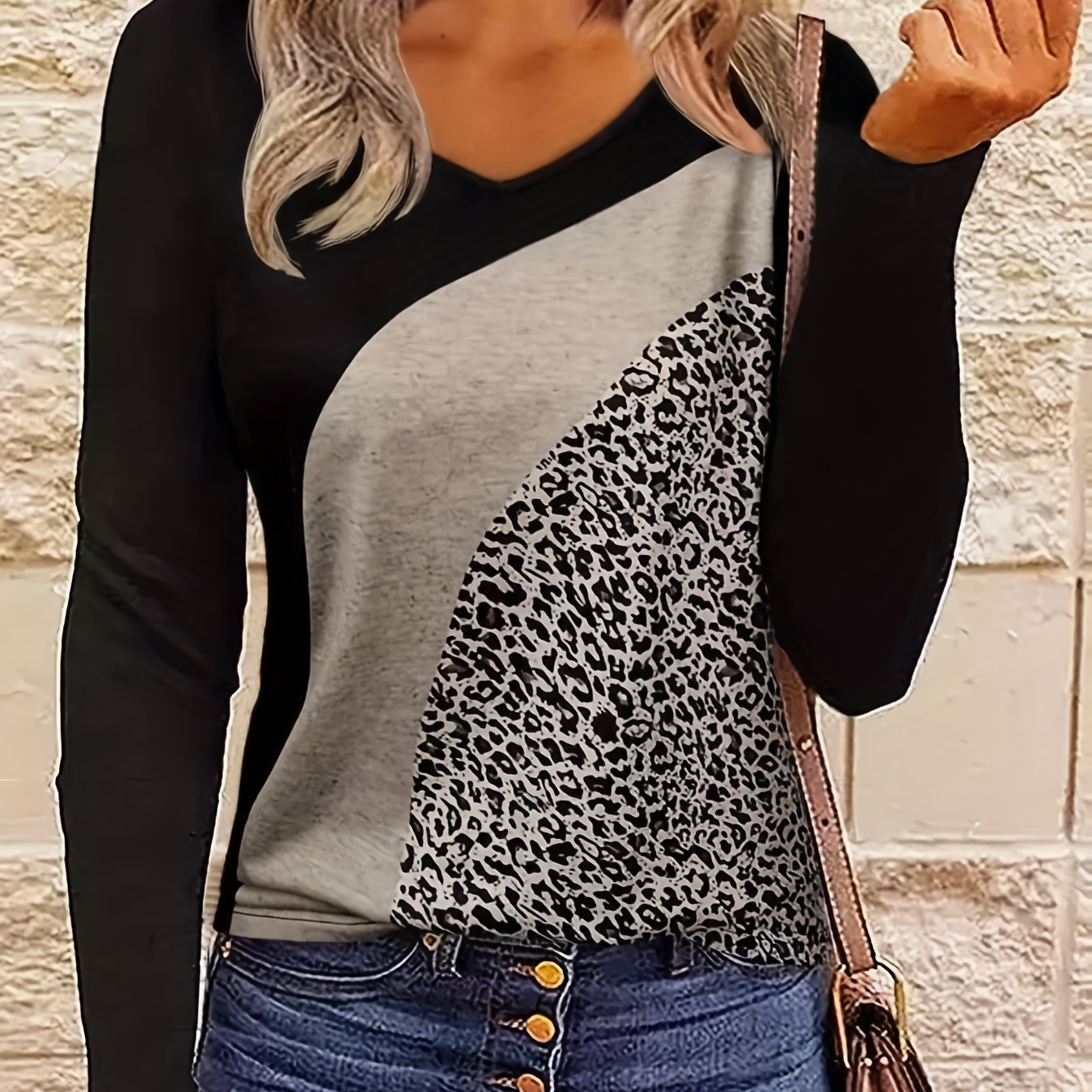 

Leopard Print Paneled T-shirt, Casual Long Sleeve Top For Spring & Fall, Women's Clothing