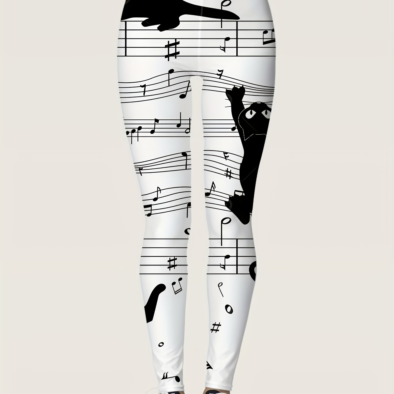 

Musical Note Print High Waist Leggings, Casual Skinny Stretchy Leggings, Women's Clothing