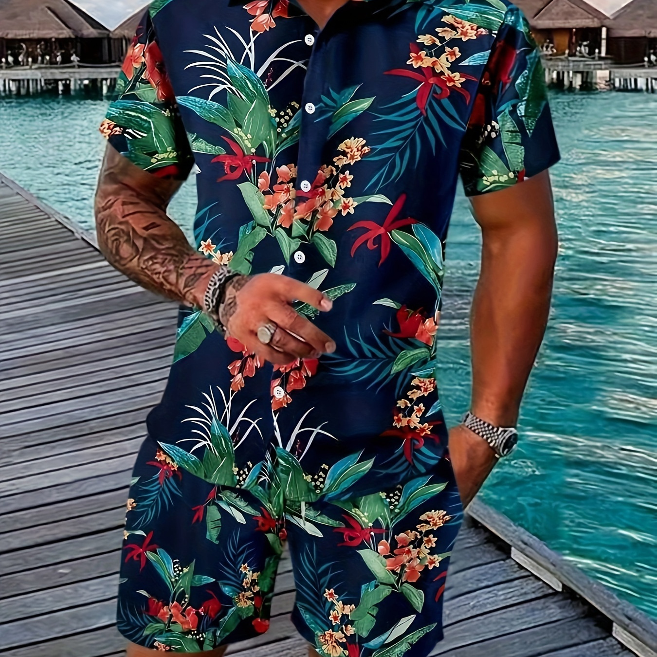 

Floral & Leaf Print, Men's 2pcs Outfits, Casual Camp Collar Lapel Button Up Short Sleeve Shirts Hawaiian Shirt And Shorts Set For Summer, Men's Clothing