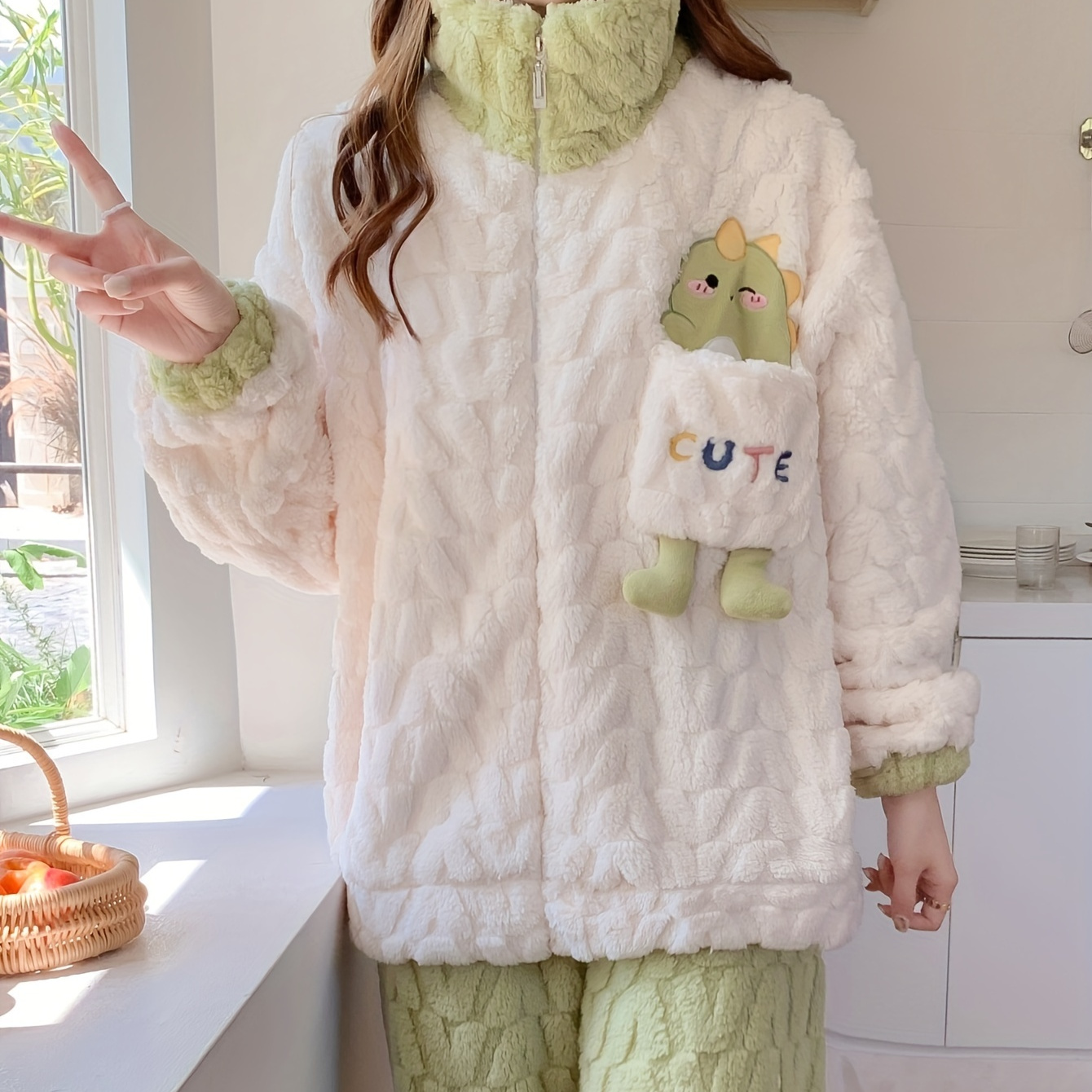 

Women's Cute Cartoon Dinosaur Pattern Textured Plush Pajama Set, Long Sleeve Zipper Mock Neck Top & Pants, Comfortable Relaxed Fit For Fall & Winter, Dinosaur Toys